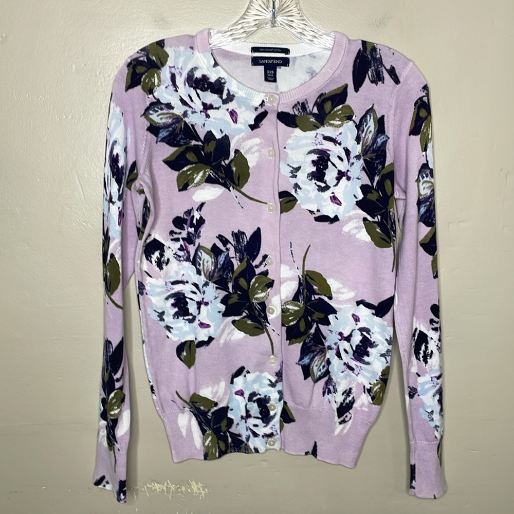 LANDS’ END Cardigan Sweater Lilac & Blue Floral Button Front Supima Cotton  XXS